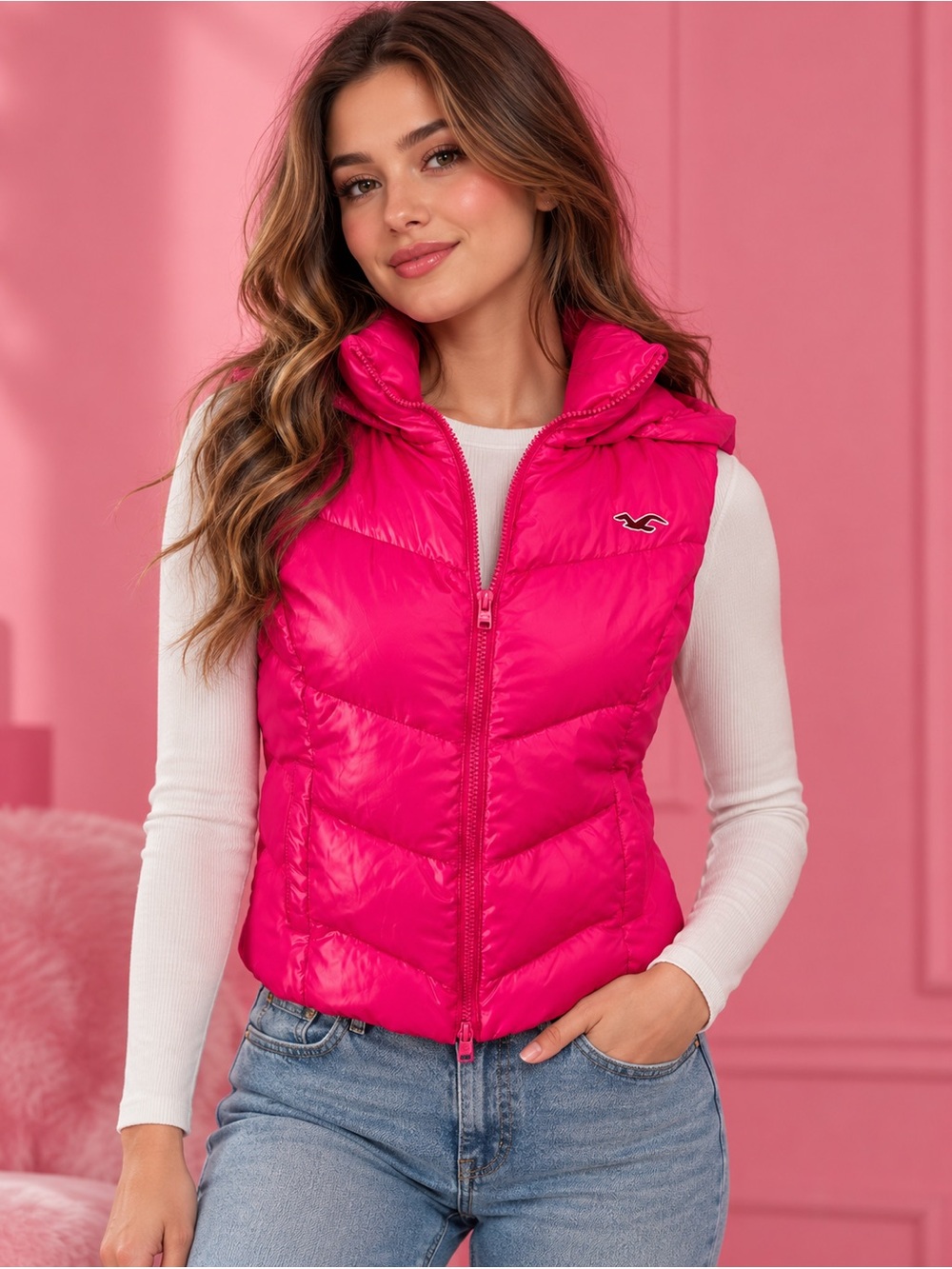 Hollister Hot Pink Hooded Puffer Vest Down Feather Size S Y2K